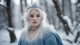 photoreal magnificent young covered white haired magic young snow princess with frost covered skin and a gorgeous blue dress in a pine rich winter wonderland in holy mist and snow by lee jeffries, otherworldly creature, in the style of fantasy movies, photorealistic, shot on Hasselblad h6d-400c, zeiss prime lens, bokeh like f/0.8, tilt-shift lens 8k, high detail, smooth render, unreal engine 5, cinema 4d, HDR, dust effect, vivid colors