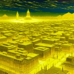 A light yellow shining city at night designed in ancient Egyptian hieroglyphics painted by Zosan