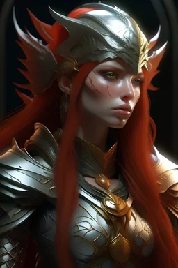 female elf warrior with long red hair, octane render Artstation perfect composition, intricate details, hyper details, highly detailed face, masterpiece, perfect composition, perfect anatomy, perfect light, (((single subject ))), sf, intricate artwork masterpiece, ominous, matte painting movie poster, intricate, trending on artstation, by artgerm, h. r. giger and beksinski, looking at camera, smile