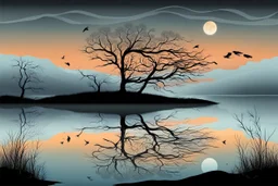 Illustration of a lonely dark tree with barren branches stands on a water's edge, reflected in the water, fog, crows on the sky, mystical landscape, sinister mood, line art