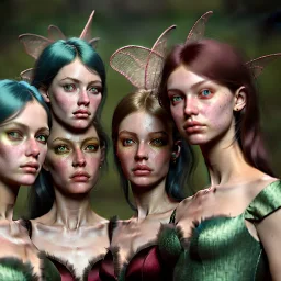 Middle Ages, three pretty girl fairies, green eyes, nip, glamour