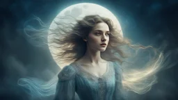 Victorian era, portrait of a beautiful woman 30 years old, beautiful airy dress, double exposure, fantasy, mysticism, night, fog, flowing hair, moon, water, sparkles, fine drawing, clear lines, bright colors, high resolution, 3D, clear lines, photorealism,