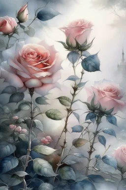 English watercolor, tea roses, drawing, beautiful landscape, fog, many details, delicate sensuality, realistic, high quality, work of art, hyperdetalization, professionally, filigree, silver haze, hyperrealism, professionally, transparent, gently pastel tones, backlight, contrast, fantastic, fabulous, unreal, translucent, glowing, clear lines, epic fabulous, 30mm lens, ISO 100, pixel graphics