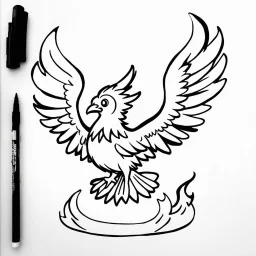 Make black and white cute drawing of a phoenix with black bold lines. Only outline, no grayscale. A glowing phoenix rising from flames.