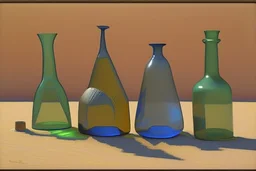 A still life with glass bottles and a glass vase in sand dunes by Giorgio Morandi