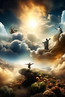 Generate a surrealistic landscape with Gods arm reaching down from a cloud surrounded by the sun and angels floating towards earth