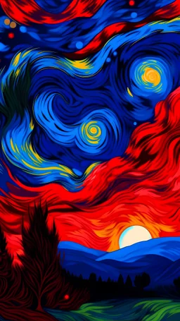 blue & red sky, anime style, in the style of vincent van Gogh