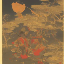 Samurai Japanese Ukiyo-e, sun in the background, walking in the mountains