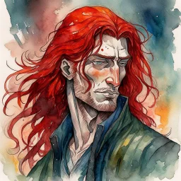 dnd, fantasy, watercolour, large strokes, stylistic, portrait, illustration, dull colours, male, face, narrow long face, weathered face, green eyes, determined, smiling, red hair, very long hair streaming down the shoulders, radiating light, five o'clock shadow, elegant