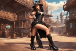 photorealistic exotic sci-fi steampunk slim pin-up girl in black shoes, in a futuristic sci-fi wild west town