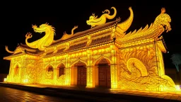A yellow palace with glowing light dragons designed in ancient Egyptian hieroglyphics painted by Qiu Ying