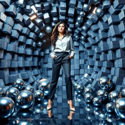 make a picture pretty stage made of metallic blue-gray teme 3d fractal recursive cubic and sphere base structures and a beautiful fashion model lady posing with cute,with chic look pairing well-fitted trousers with a sleek blouse,siver high heels ,makeup curvy long hair,dynamic camera zoom to full body and pan, dynamic lights.