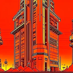 cyberpunk retro futuristic for comics skyscraper from far away in orange