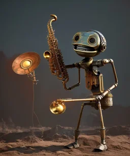 happy mechanoid person playing jazz with a steampunk theme, realistic