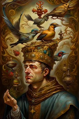 painting of a skinny surreal medieval man with a crown and birds on his head, heather theurer, an overweight, a beautiful artwork illustration, bitter, bells, carson ellis, catholic religious art, caretaker, nun, around a neck, daniel lezama painting style, dunce, whimsy, mark brown, monk