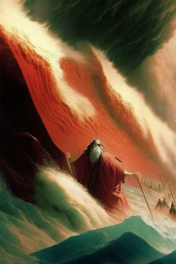 Moses parts the red sea while the Isrealites flee the Egyptian chariots