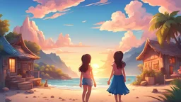 2 young girls in a village with nature, mountains and blue sky surrounding a beach with a beautiful sunset style cartoon