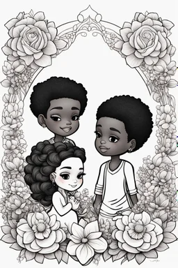 create a outlined coloring page of a chibi black characters of a couple surrounded by flowers. Pay attention to the details of the faces and flowers and the emotions conveyed by the couple. White background, sketch style, half of body, use outline, Mandala style, clean line art, no shadows, no coloring, no shading, no grey.