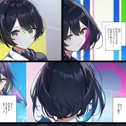 Clear focus,High resolution,High quality, 1girls, with color, anime girl with black hair with rainbow hair, blur in the background, comic style