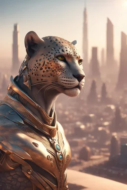 Create a Photoreal Gorgeous godking of the jaguar tabaxi humanoids looking over a futuristic desert city on the horizon in mystical haze at golden hour , otherworldly creature, in the style of fantasy movies, photorealistic, bokeh masterpiece smooth shading, ultra detailed, high resolution, cinematic, unreal 6, subtle shadows, octane render, 8k, cinema 4d, HDR, dust effect, vivid colors