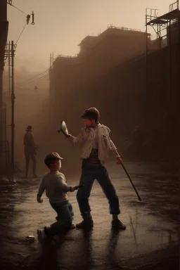 photorealistic painting of young boy fighting old boy, industrial era, night time, people in background