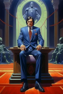 1970's dark fantasy cover dnd style oil painting of a Lacalle Pou President in sport outfits in a trial by a Sphinix with minimalist far perspective. Magazine.