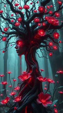 Quintessential Horror Surrealism:A woman Gothic cyber-a tree catastrophic dimensional fission through Seedream 3D recursive rendering, fracturing into chaos Legion Doodle simultaneous nightmare realities while simultaneously occupying four perforated reality levels—manifests as a blood-drenched forest where trees weep crimson sap and bioluminescent fungi pulse with recursive Fibonacci patterns, surrounded by carnivorous flowers with fanged mouths dripping neon venom; mat