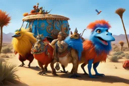 [directed by Jim Henson and Frank Oz] In a mystical realm, a vibrant caravan of four fairy-tale creatures with human-animal attributes, bird-like heads, and predatory features parades through the desert, dressed in colorful oriental attire. The creatures move gracefully, exuding magic and wonder as they journey under a pale blue sky. Their presence weaves a spell of enchantment and mystery, a testament to the boundless creativity of the fantastical realm.