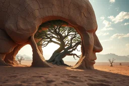create a surreal image of a giant human head fused with the earth, surface made of dry cracked clay. A large tree grows through the hollow of the face, its branches spreading outward. The desert floor is ancient and textured, sky glows with soft sunlight and clouds. Poetic, mystical tone, ultra-detailed visual storytelling --v 7 --style raw --ar 3:4