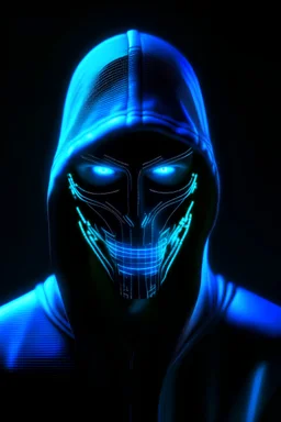 hacker with a scary mask, neon blue and dark, futuristic, hyper realistic, high resolution, complete details, portrait