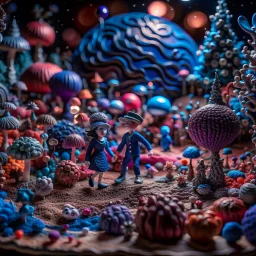 Detailed creepy odd landscape made of modeling clay, naïve, people walking, Tim Burton, flowers, stars and planets, Harry Potter, strong texture, extreme detail, decal, rich moody colors, sparkles, clean, bokeh, odd