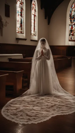 girl alone wearing lace veil with blood on it praying in church.cinematic.