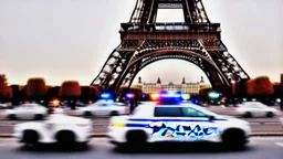 A police Tesla Cybertruck is chasing a Tesla 'Model S Plaid' at top speed, by the Eiffel Tower, in Paris. CINEMATIC. WIDE ANGLE LENS.