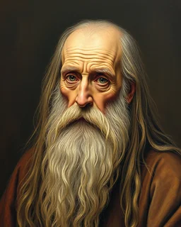 Bosch painting style ,nightmare, an old man with long hair and beard from the the 7th century