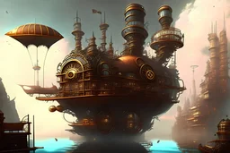 make a beatiful steampunk background of a floating city