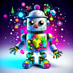 Designer Christmas robot, retro style adorable, holding A Christmas NFT , surrealist pixelcore, elements: blockchain snowflakes ❄️, crystal ice blocks,, areas of micro pixelation, , 3d wire code symbols, glass iridescent Christmas decorations and glass filaments, pearlescent filigree Christmas symbols, iridescent sheen, gloss, shiny,