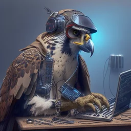 A falcon as a hacker using hacker gadgets