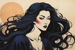 museum quality color woodblock print of an enigmatic Malkavian female vampire with highly detailed hair and facial features , in the style of Bertha Lum, with a fine art , graphic novel aesthetic, highly detailed, finely cut ,8k render,