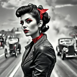 Create image: woman with a vintage pin-up hairstyle in greyscale tones stands in the foreground. She's wearing a zippered leather jacket and adorned with tattoos, a red bandana, earrings, and dark lipstick. In the background, a vivid scene of a drag race unfolds with classic cars and visible smoke above.