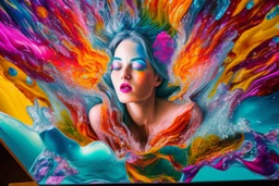 Image capturing the fantastical scene you described, with a central female figure surrounded by an explosion of floral and fluid elements, mixing hyperrealism with a touch of surrealism. The vibrant colors and dynamic movement create an immersive and energetic composition. Image is inside an ice cube on a coffee table.