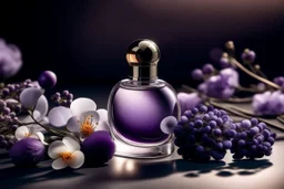 top shot of a perfume bottle on a purple table with flowers, gray spheres in the background, product photography in style of Kodak Portra — style raw — q 2 — s 250 — v 5.2 — ar 9:16