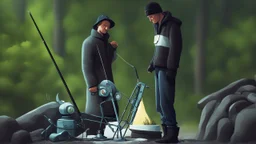 a man catching a robot monster with his fishing rod, cartoon style Simon Stålenhag