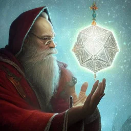 Insanely detailed photograph of an “D&D cleric santa holding glowing D20” with intricate detailed beard, intricate embroidered clothing, hyperdetailed painting by Ismail Inceoglu Huang Guangjian and Dan Witz CGSociety ZBrush Central fantasy art album cover art,8K, hdr, mysterious, ominous, snowflakes,jolly