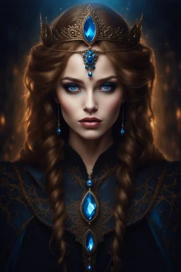 painted portrait of a young gothic queen with light brown hair and blue eyes, very beautiful, dark fantasy