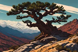 museum quality color woodcut of an ancient Bristlecone Pine , atop a rocky plateau ,high in the mountains, in the style of Gustave Baumann, with a fine art aesthetic, highly detailed, finely cut ,8k render