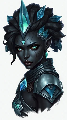 Please generate a earth genasi fighter for D&D. She should have dark, charcoal black-colored skin. She should have lines marking her skin like cracks, showing glimmering gem-like veins. Her hair should its carved of crystal. She wears armor. No earings or crystals on the forehead. all white background around the head. She should have her hair y sus elementos deben estar dentro de la imagen sin llegar a los margenes.
