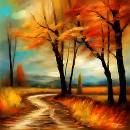 Autumn landscape in think oil paint stokes, expressionist painting style of Van Gogh, Klimt, Renoir bokeh beautiful fantastic view Van Gogh Yossi Kotler Art