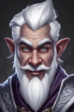 Generate a dungeons and dragons character portrait of the face of a male sorcerer smiling handsome deep gnome with white eyebrows like snow. He has dark gray skin like a drow. He has white hair, eyebrows, moustache and goatee. He's 19 years old.