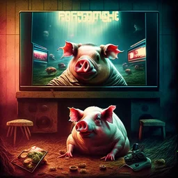 album cover realistic gamer pig watching movie about mushrooms cinema in the background