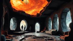 deconstructed interior with figures, (conception ), black walls, one point perspective, close up, rich colors, by HR Giger and Paul Lehr and Bruce Pennington and Stephan Martiniere and Lina Main Rubin and Pascal Blanché and Bastien Lecouffe Deharme